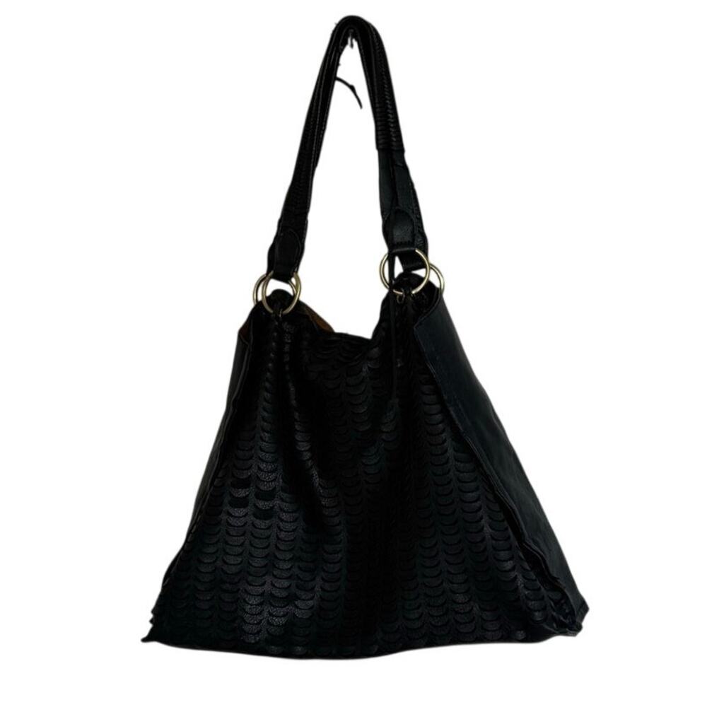 Anthropologie Black Textured Hobo Shoulder Bag Gold Ring Hardware